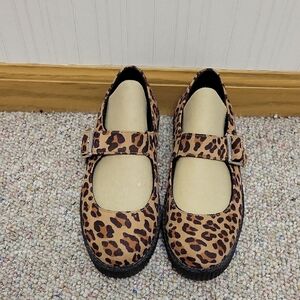 T.U.K, Women's Brown Leopard Creeper Flat Maryjane Shoes, Sz 6